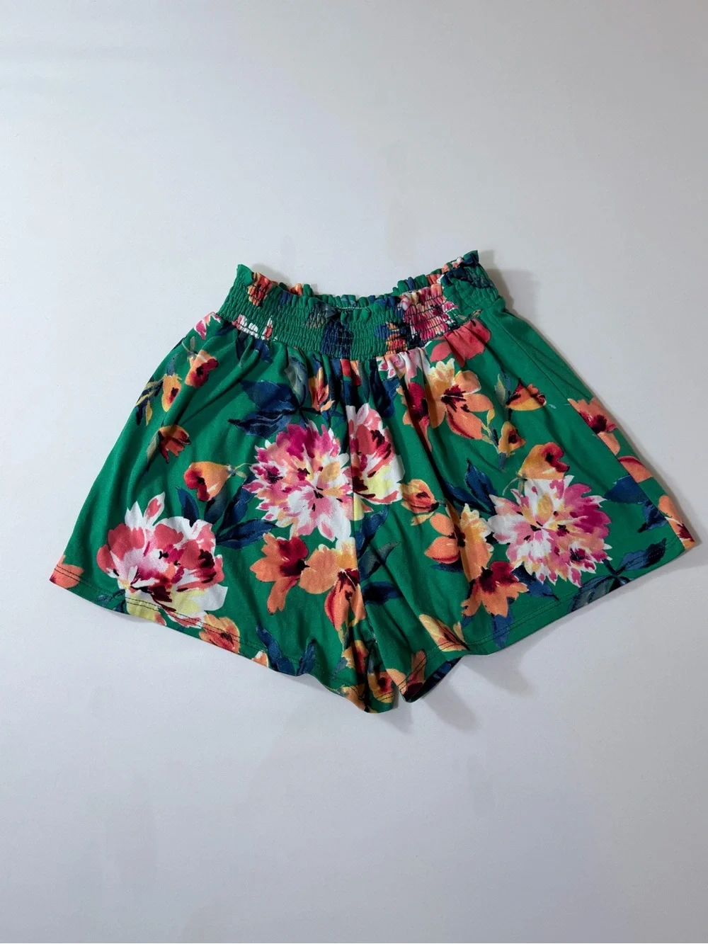 Chenault Girl Floral Shorts Green Orange Pink Elastic High Waist Juniors 0/1
